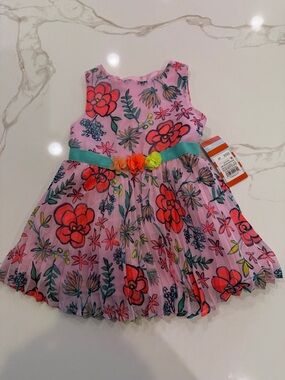 Pink Floral Dress with Teal Waistband